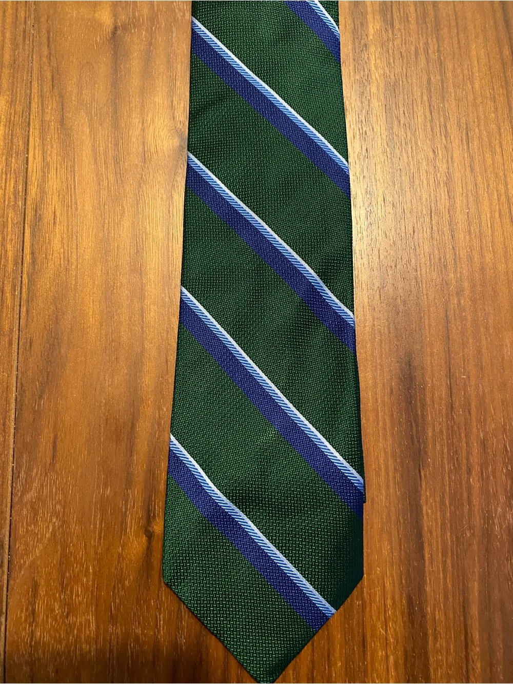 Brooks Brothers Green Tie with Navy and Light Blue Stripes